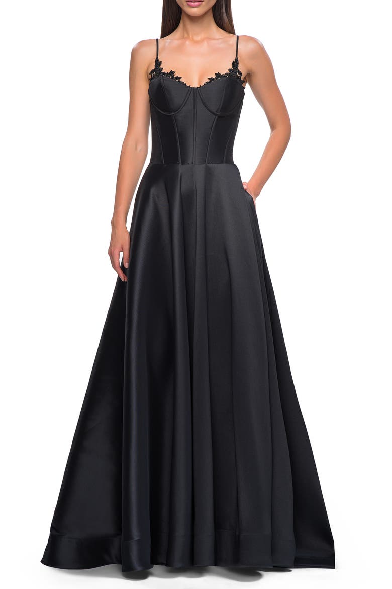 Mikado A-line Gown with Lace Detail Neckline, Main, color, Black