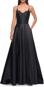 La Femme Mikado A-line Gown with Lace Detail Neckline