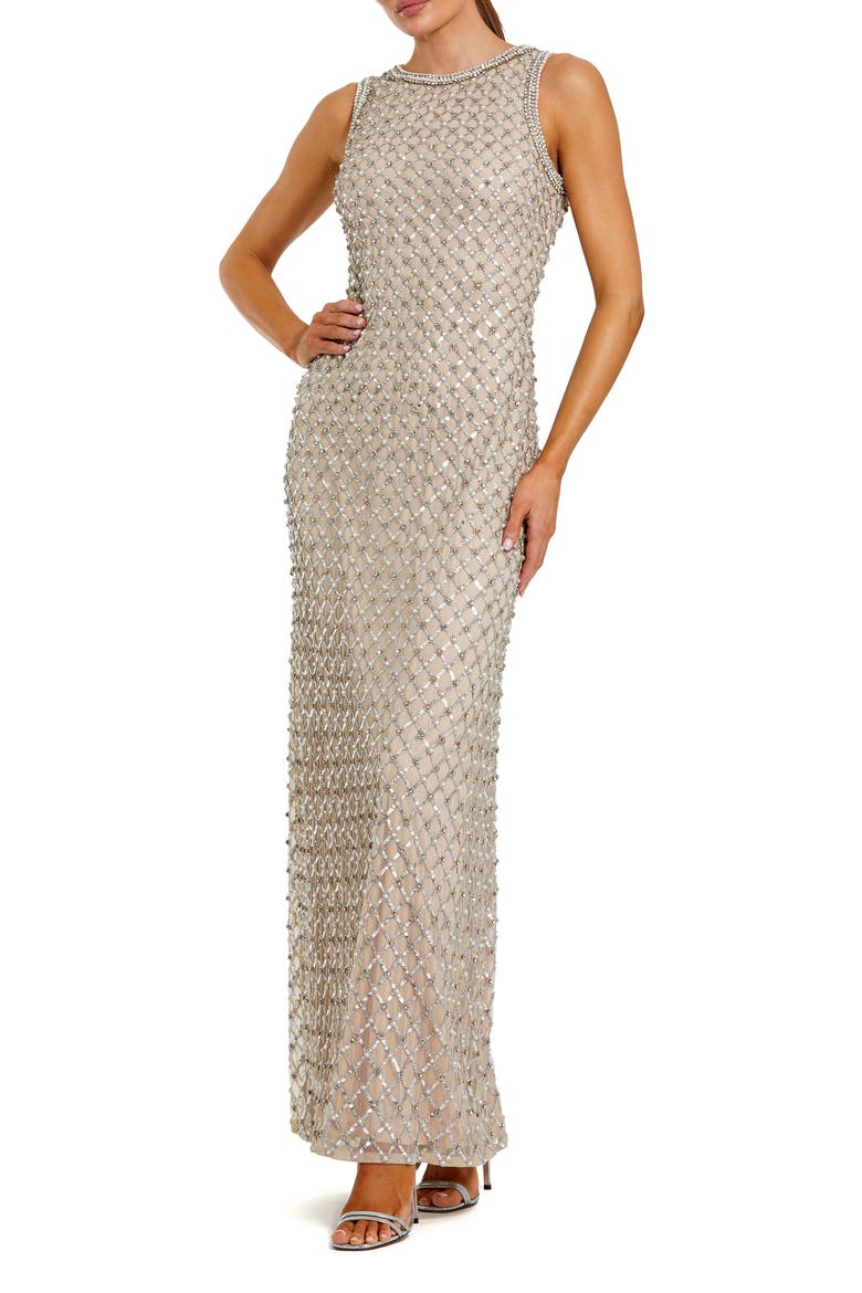 Sequin Mesh High Neck Column Sleeveless Gown, Main, color, Silver Nude