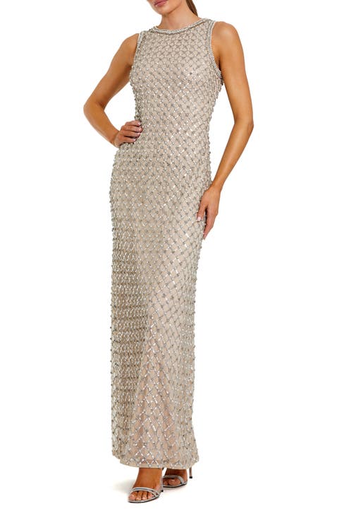 Sequin Mesh High Neck Column Sleeveless Gown