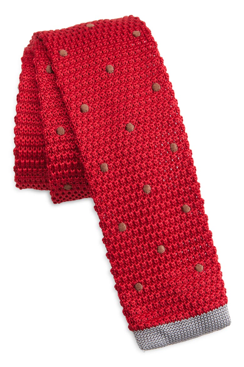 Red & Grey Polka Dot Knit Silk Tie, Main, color, RED