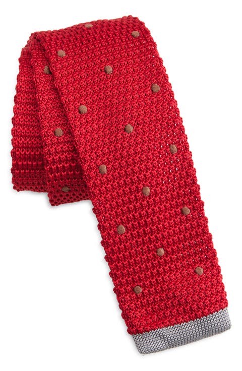 Red & Grey Polka Dot Knit Silk Tie
