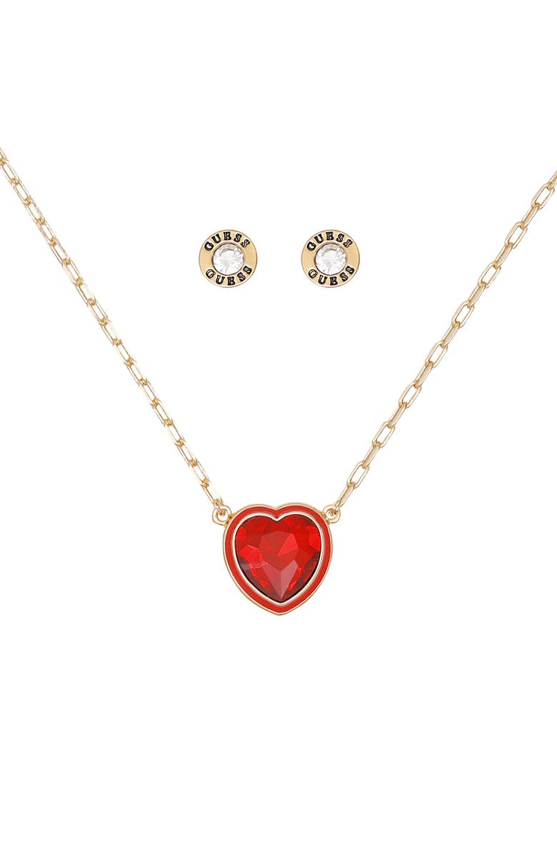 GUESS Heart Pendant Necklace & Stud Earrings Set, Alternate, color, Gold/Red