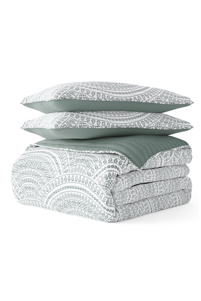 All Season Scalloped 3-Piece Down Alternative Reversible Quilt Set, Main, color, EUCALYPTUS