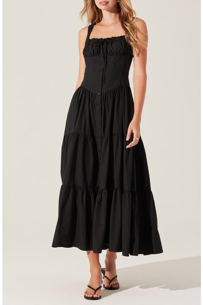 Temperance Tiered Corset Midi Dress, Main, color, BLACK