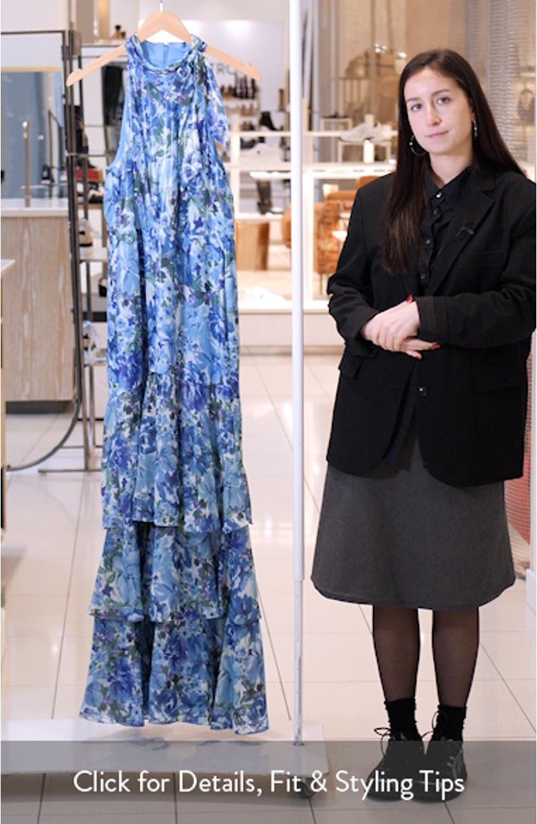 Metallic Floral Tiered Chiffon Gown, sales video thumbnail