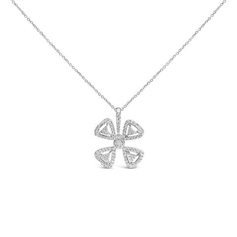 14K White Gold 5/8 Cttw Diamond 4 Leaf Floral Pendant Necklace