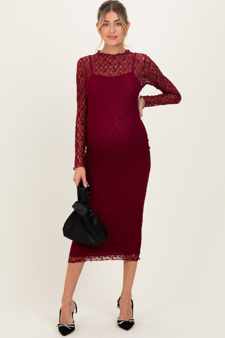 Lace Overlay Fitted Midi Dress, Main, color, Burgundy