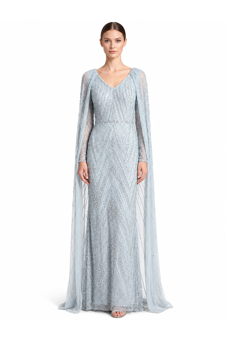 V-Neck Beaded Dress with Long Cape, Main, color, SkyBlue