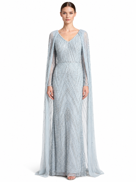 V-Neck Beaded Dress with Long Cape
