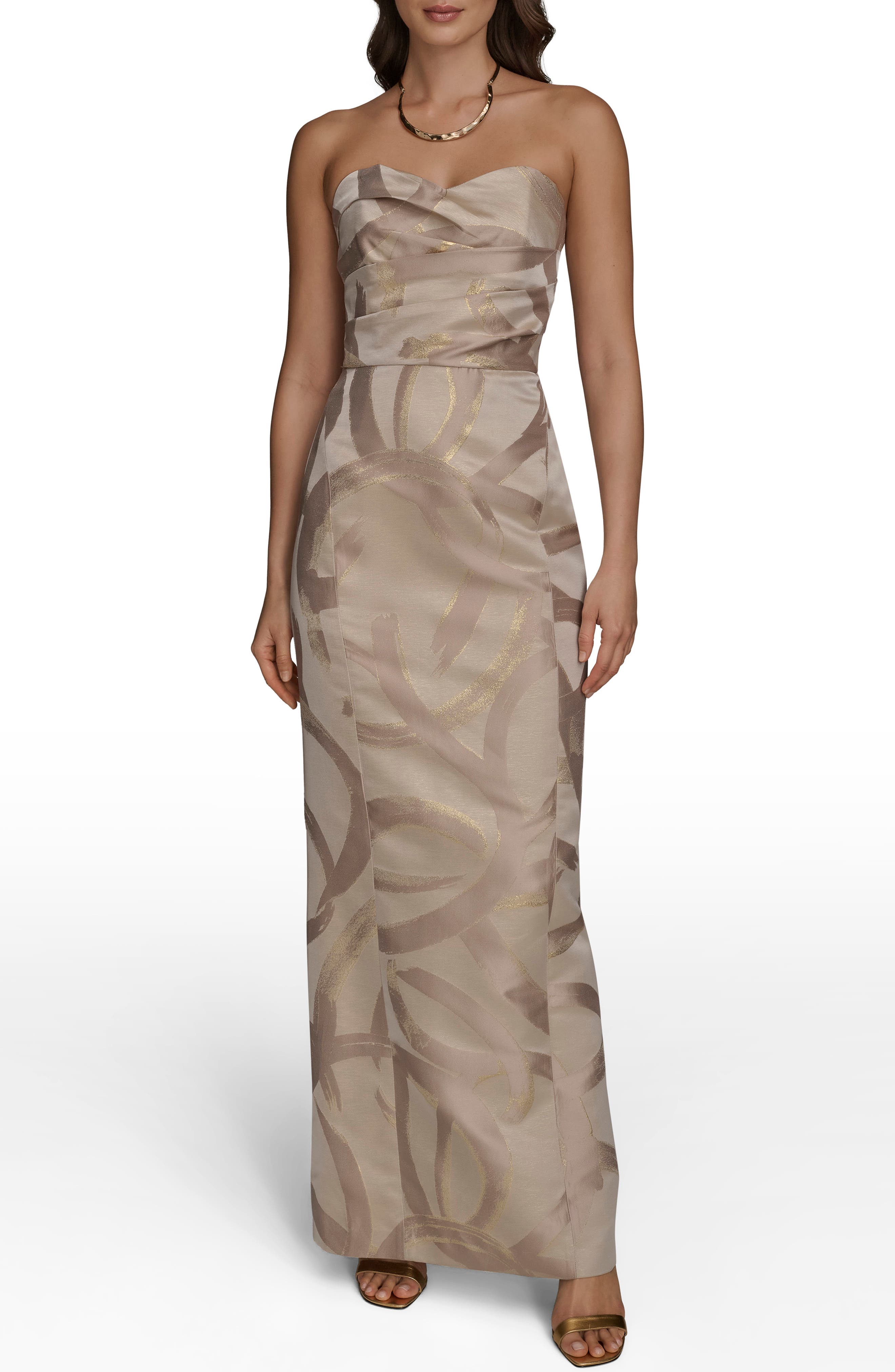Pleated Metallic Strapless Gown