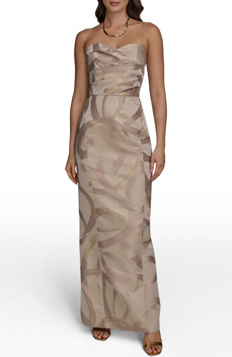 Pleated Metallic Strapless Gown