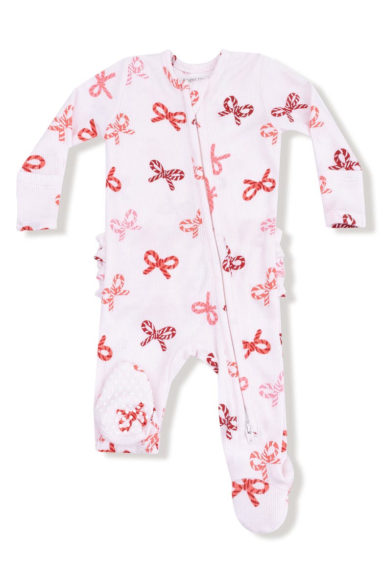 Angel Dear Candy Cane Bow Print Zip Footie, Main, color, Light Pink