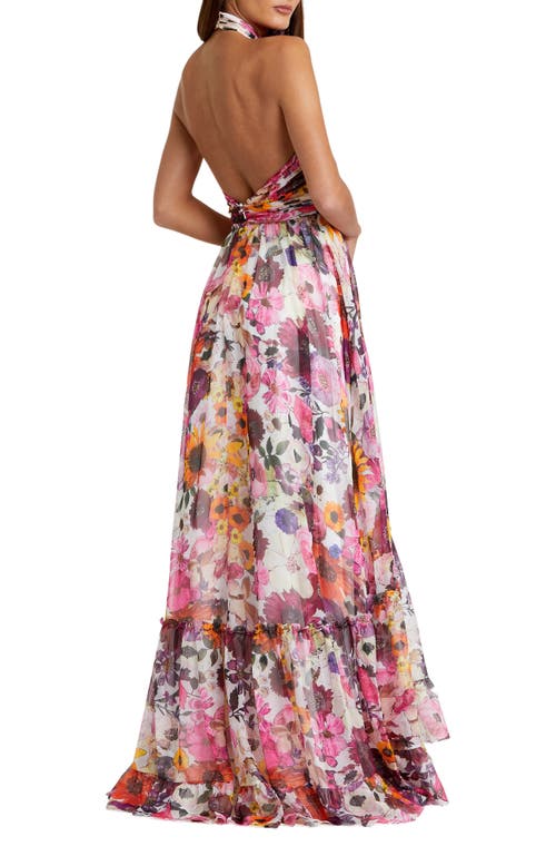 Mac Duggal Asymmetrical Ruffled Halter Floral Gown In White Multi