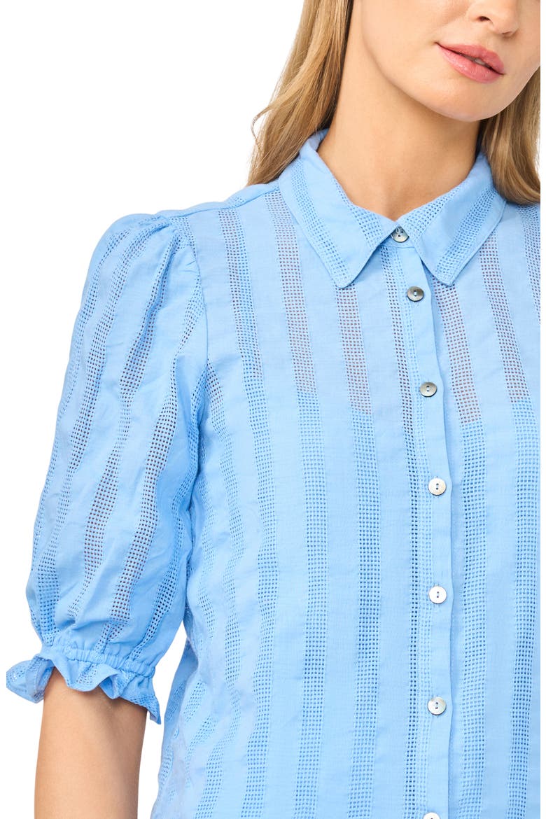 Sheer Stripe Puff Sleeve Button-Up Shirt, Alternate, color, FROZEN FJORD