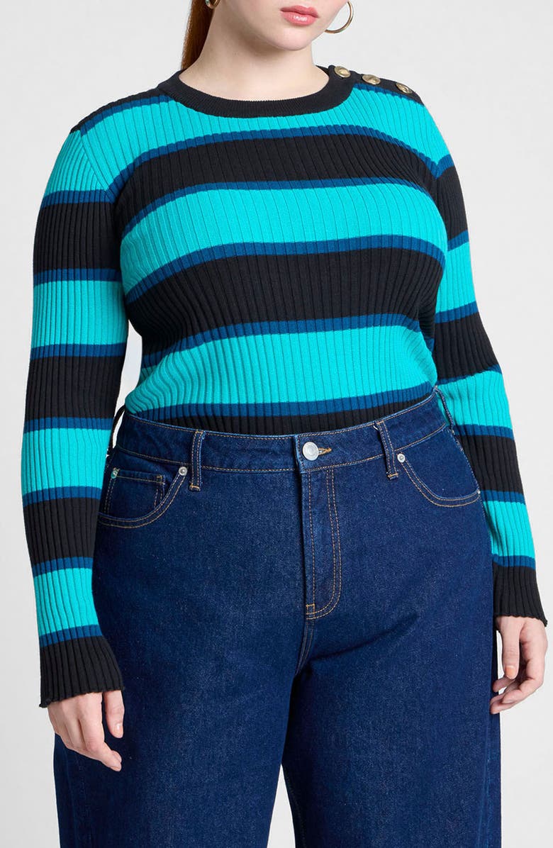 ELOQUII Stripe Button Shoulder Sweater, Main, color,