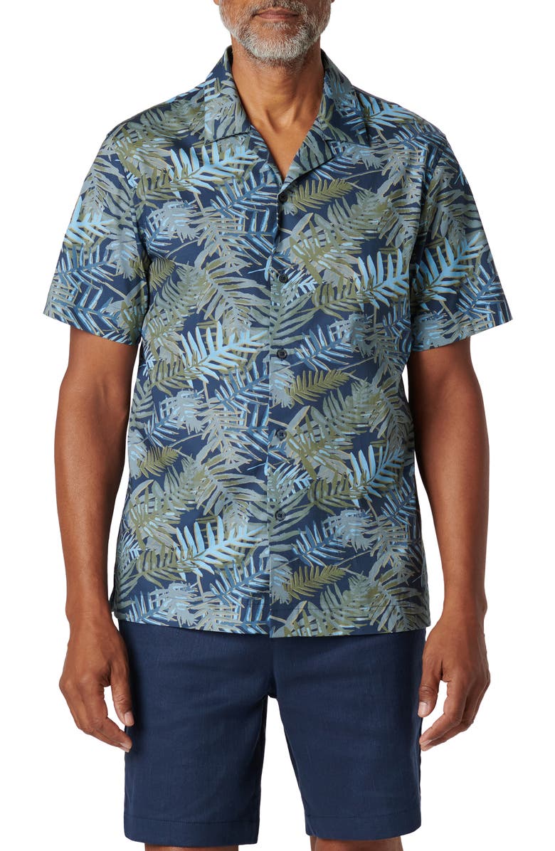 Bugatchi Orson Frond Print Shaped Fit Camp Shirt, Main, color, Navy