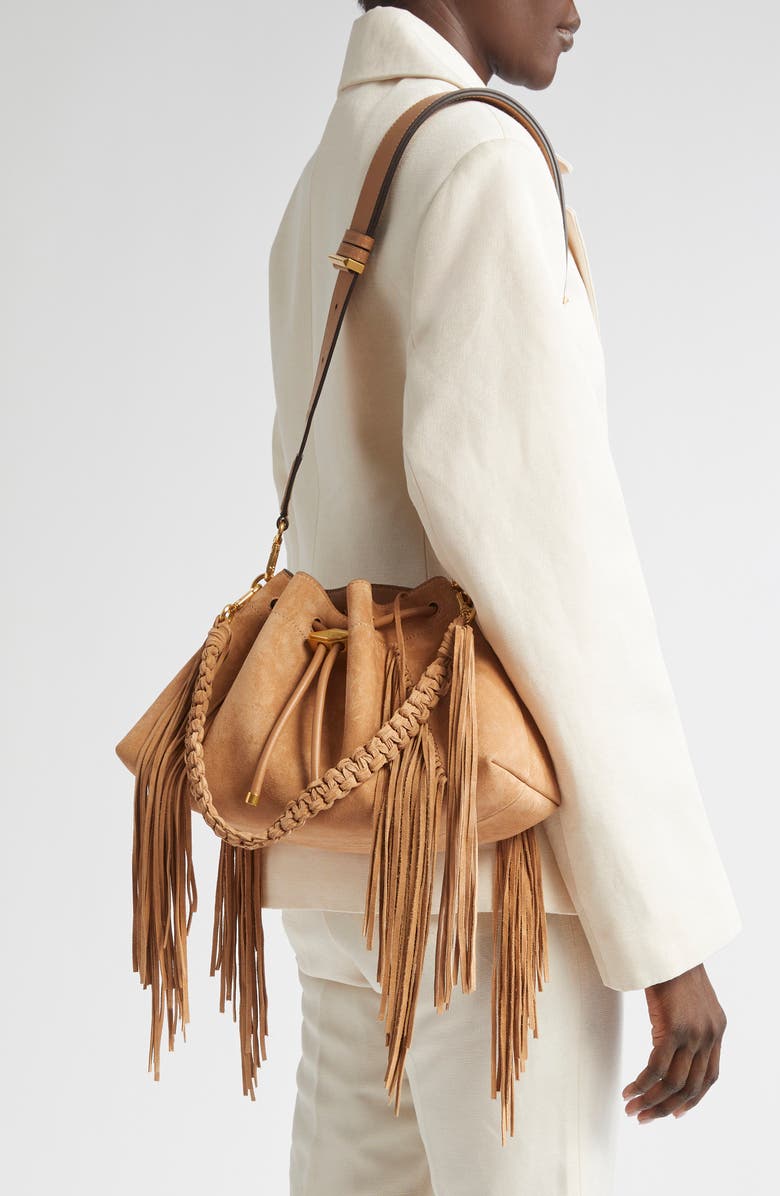 Jimmy Choo Bon Bon Fringe East/West Bucket Bag, Alternate, color, Toffee/ Toffee/ Gold