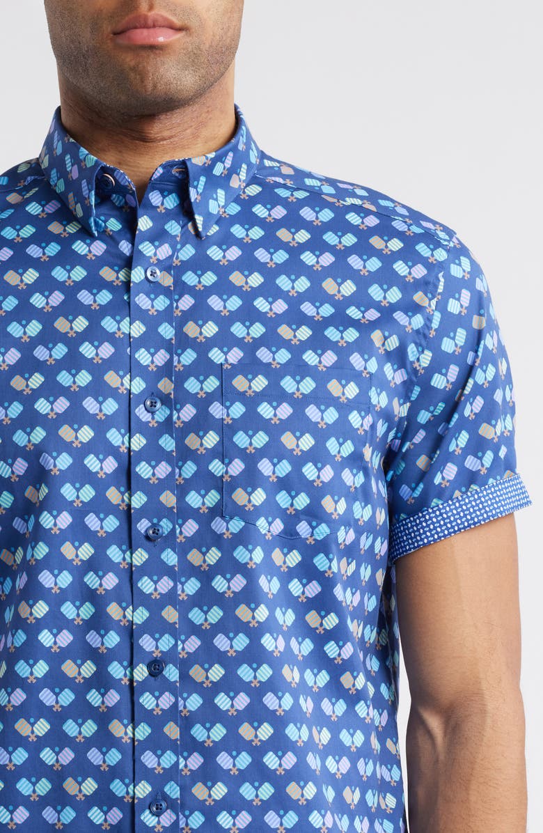 Johnston & Murphy Pickleball Print Short Sleeve Button-Up Shirt, Alternate, color, Navy Multi