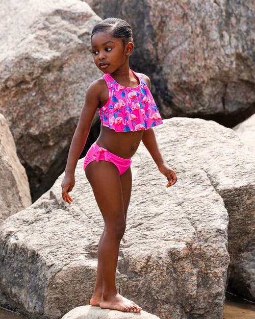 Deux Par Deux Little Girl's Printed Two-piece Swimsuit Candy Pink And Pink Flamingo In Candy Pink And Pink Flamingo