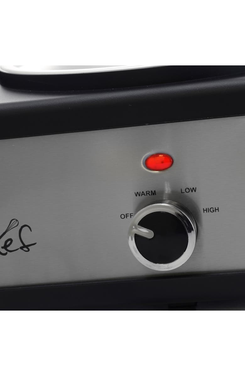 Megachef Triple 2.5 Quart Slow Cooker and Buffet Server in Brushed Silver and Black Finish with 3 Ceramic Cooking Pots and Removable Lid Rests, Alternate, color, Grey