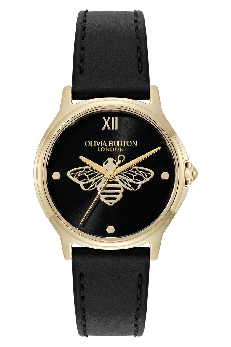Classic Bee Leather Strap Watch, 30mm, Main, color, BLACK
