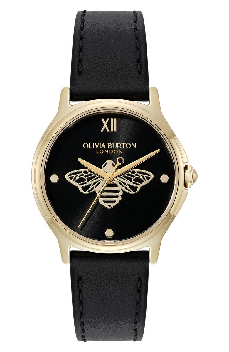 Olivia Burton Classic Bee Leather Strap Watch, 30mm, Main, color, 