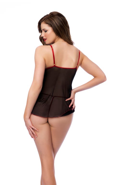 Mapalé Mapale Embroidered Heart Babydoll Chemise & G-string Set In Black/red
