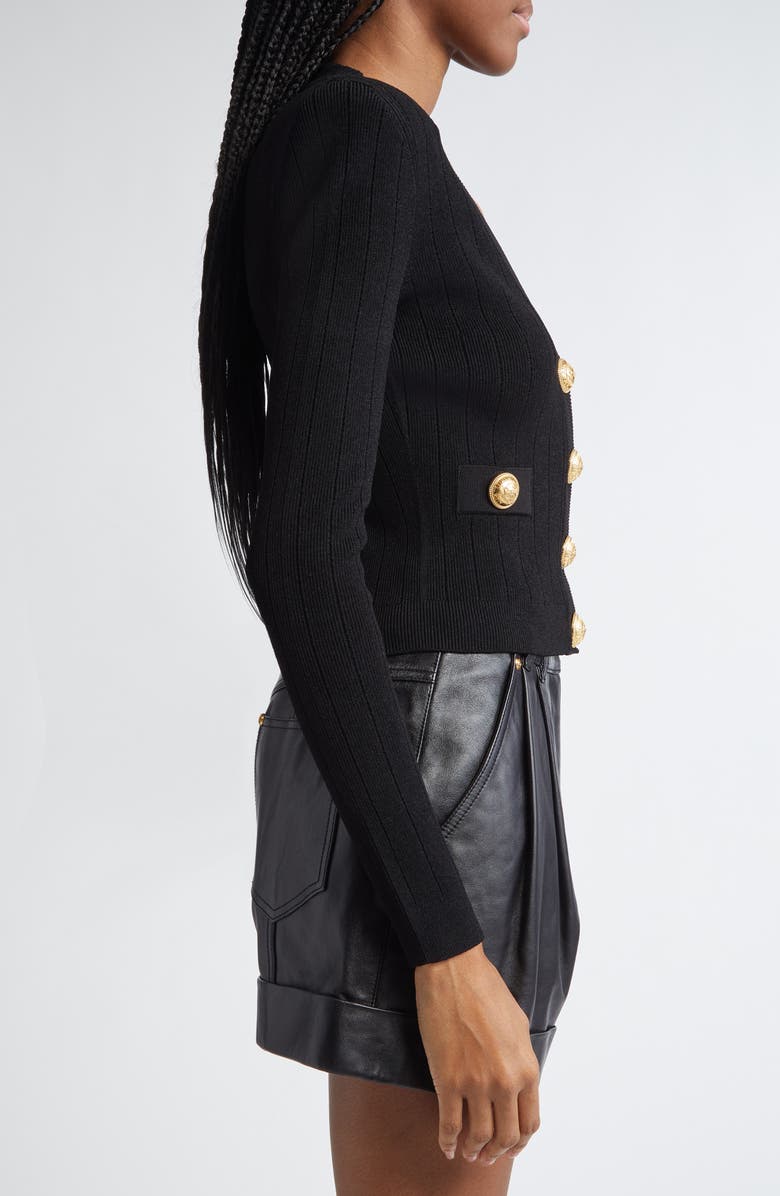 Balmain Button Detail Rib V-Neck Cardigan, Alternate, color, Black