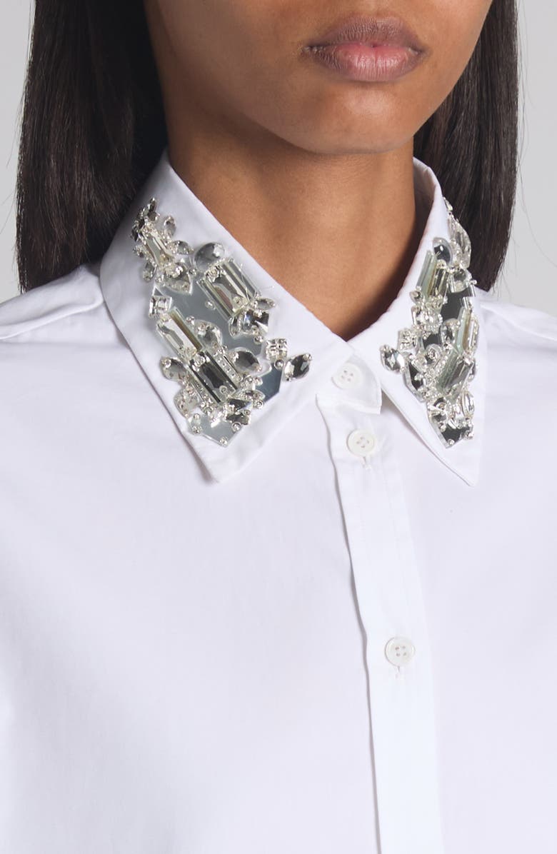 McQueen Crystal Embellished Cotton Poplin Button-Up Shirt, Alternate, color, Opticalwhite