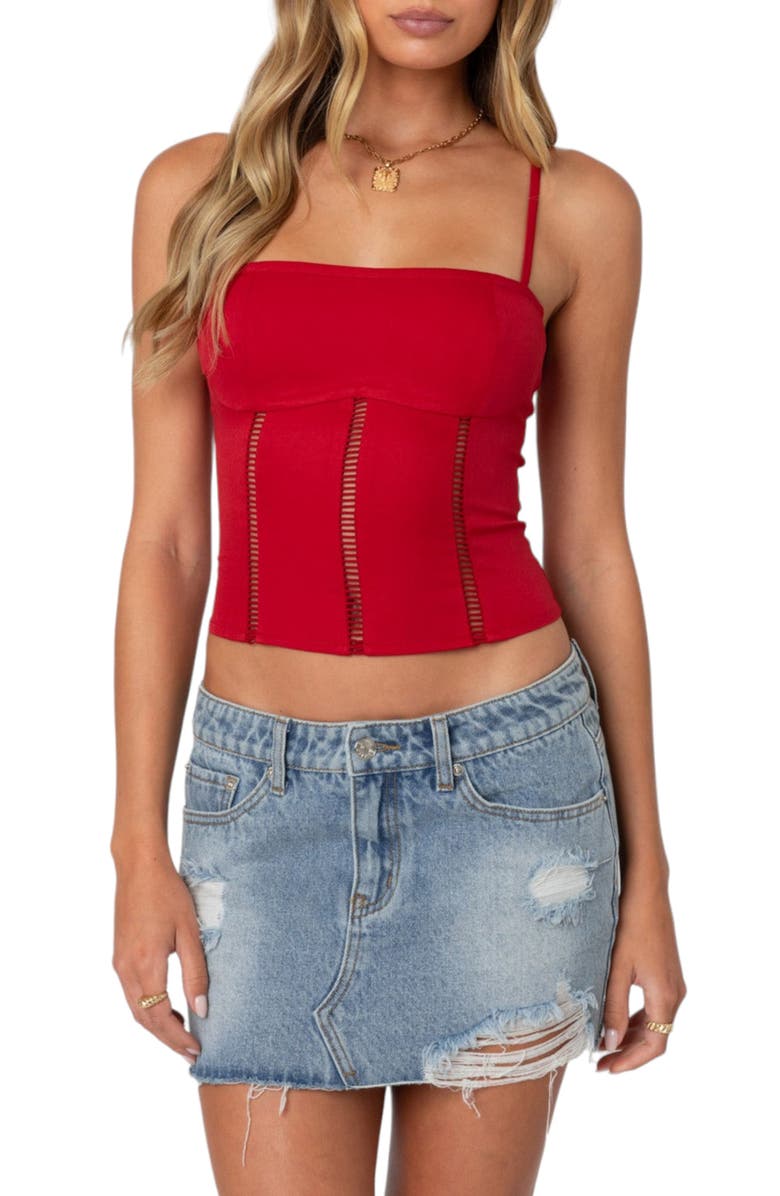 EDIKTED Jennie Ladder Stitch Corset Camisole, Main, color, Red