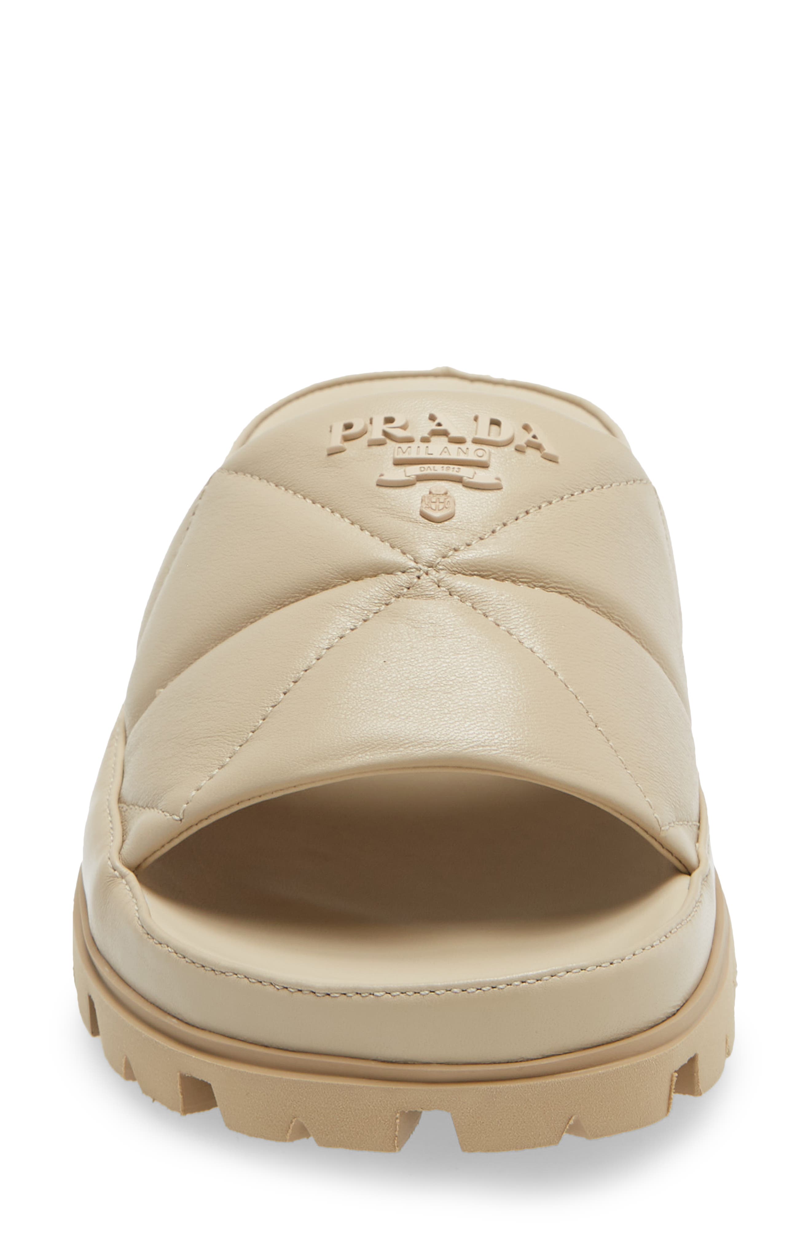 Prada Logo Matelassé Slide Sandal, Alternate, color, 