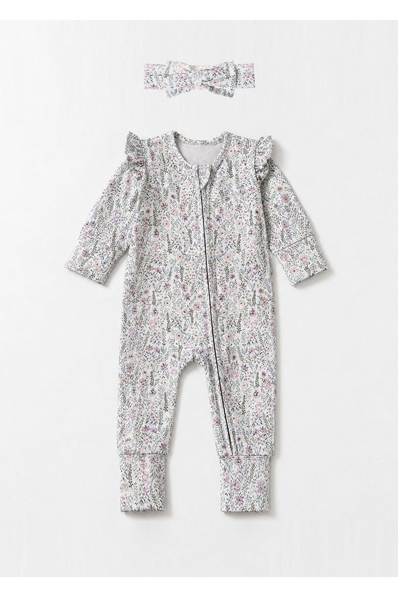 Whimsical Wildflower Convertible Romper Floral Print with Matching Headband, Alternate, color, Purple