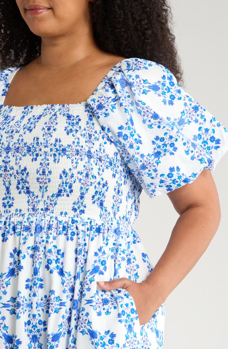 SUGARLIPS Vera Floral Smocked Maxi Dress, Alternate, color, White/ Blue