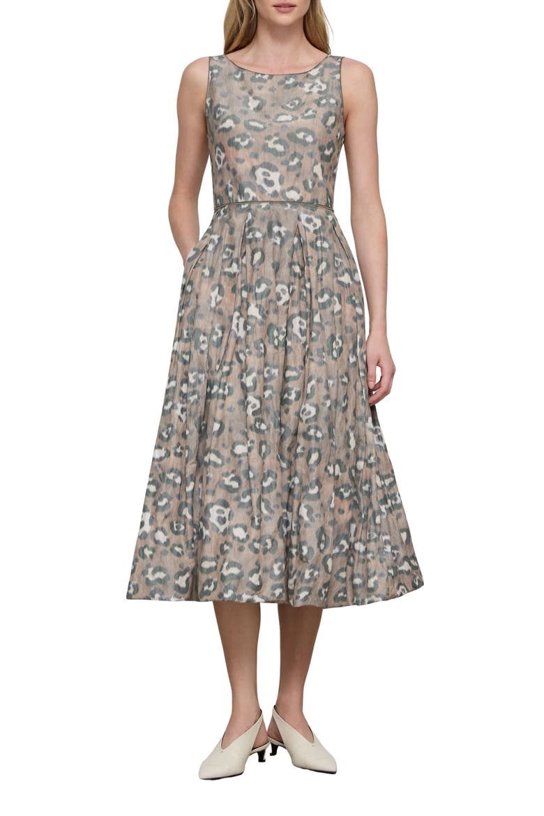 Leopard Warp Print Crinkled Taffeta Fit & Flare Dress, Main, color, BROWNSTONE MULTI