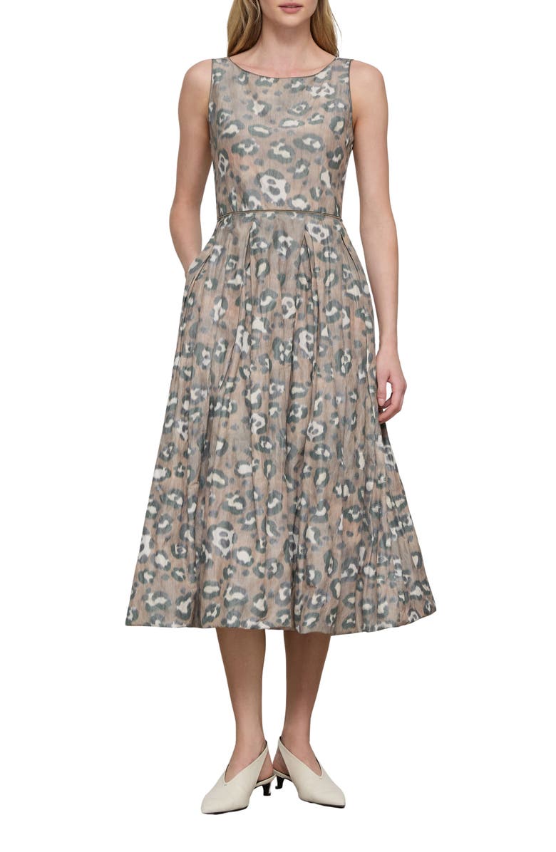 Lafayette 148 New York Leopard Warp Print Crinkled Taffeta Fit & Flare Dress, Main, color, Brownstone Multi