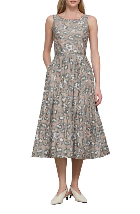 Leopard Warp Print Crinkled Taffeta Fit & Flare Dress