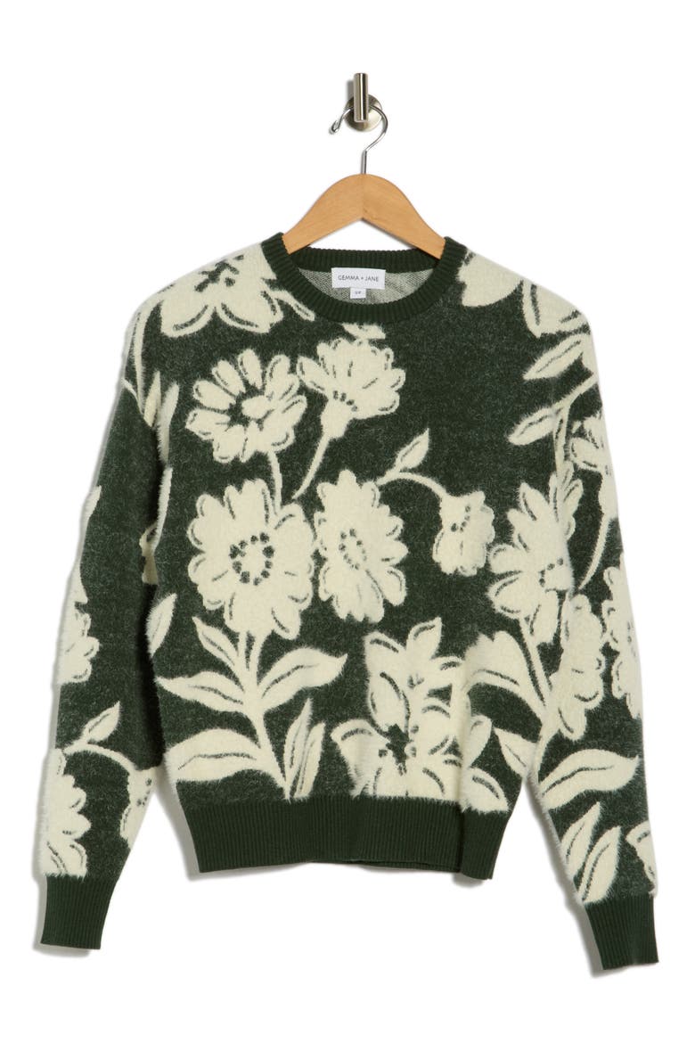 Floral Jacquard Sweater, Alternate, color, FOREST/ EGGSHELL