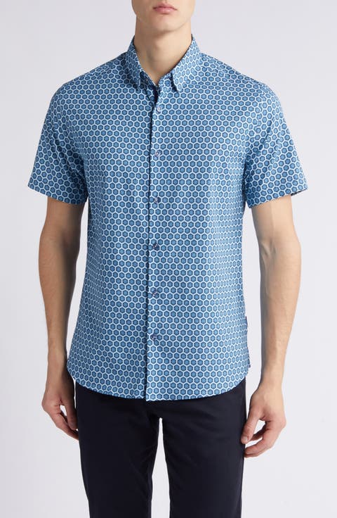Sun Hex Trim Fit Short Sleeve Stretch Button-Up Shirt