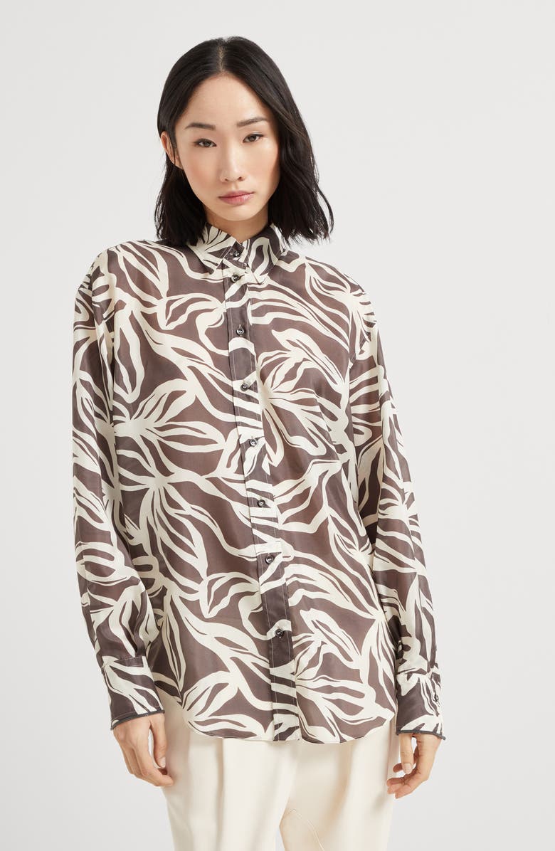 Brunello Cucinelli Pongee Flower Print shirt, Alternate, color, Cocoa
