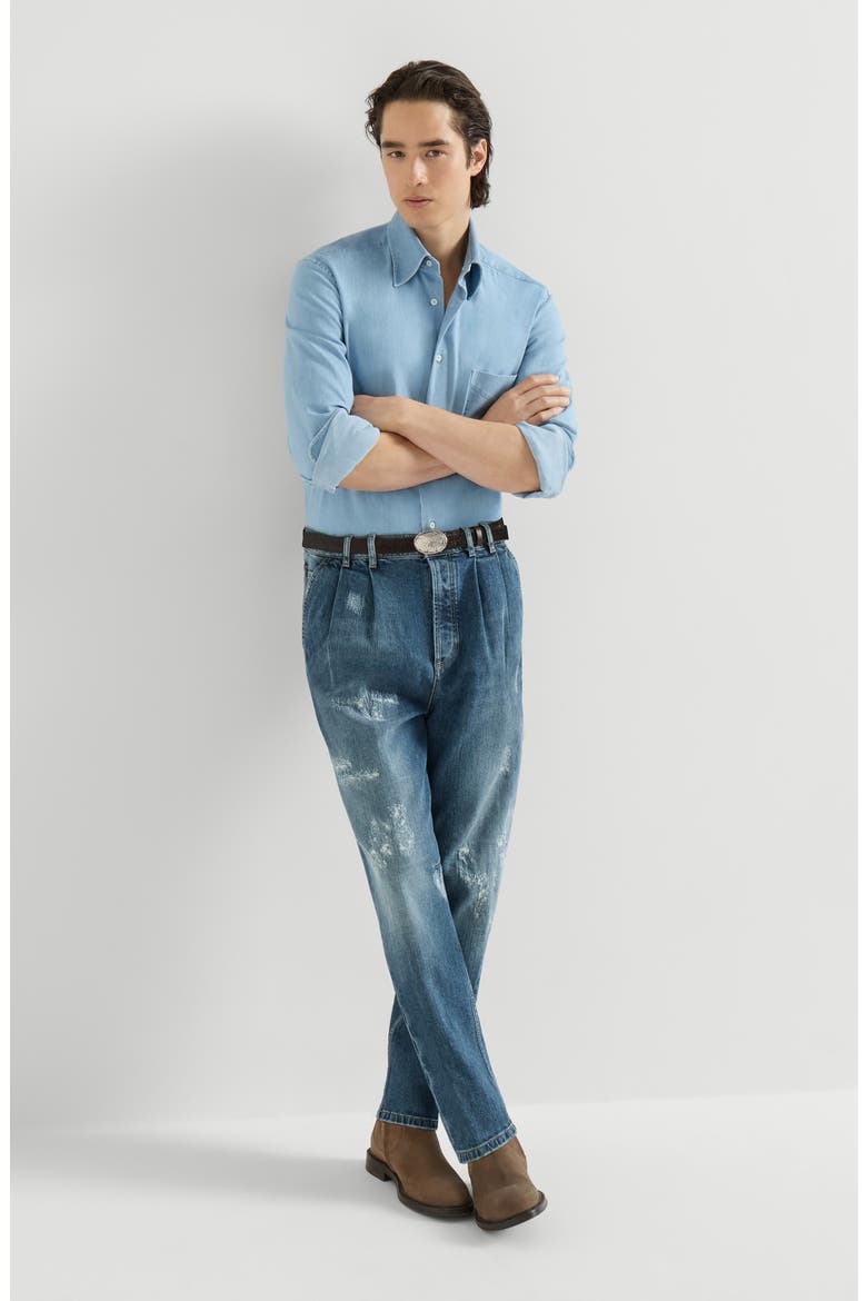 Comfort cotton denim iconic fit five-pocket trousers with double pleats and rips, Alternate, color, Medium Denim