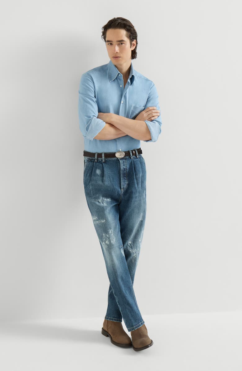 Brunello Cucinelli Comfort cotton denim iconic fit five-pocket trousers with double pleats and rips, Alternate, color, Medium Denim