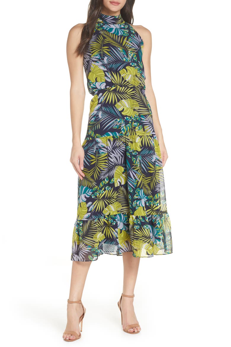 Tropics Chiffon Midi Dress, Main, color, GREEN MULTI
