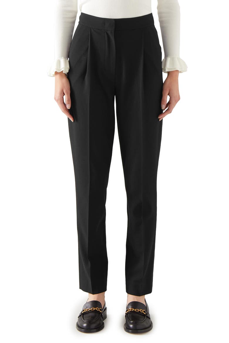 Lilly Pleated Tapered Crepe Pants, Main, color, BLACK