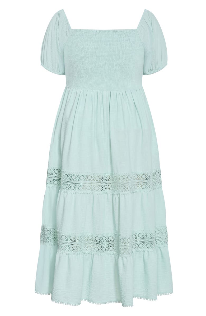 City Chic Haven Lace Trim Puff Sleeve Midi Dress, Alternate, color, Seafoam