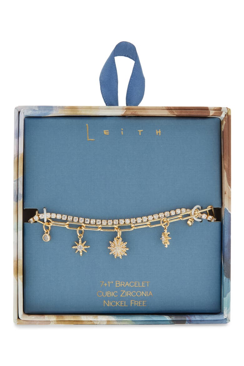 Cubic Zirconia Sunburst Charm Layered Bracelet, Main, color, CLEAR- GOLD