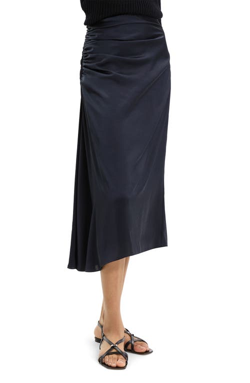 Theory Ruched Midi Skirt In Crushed Satin In Black