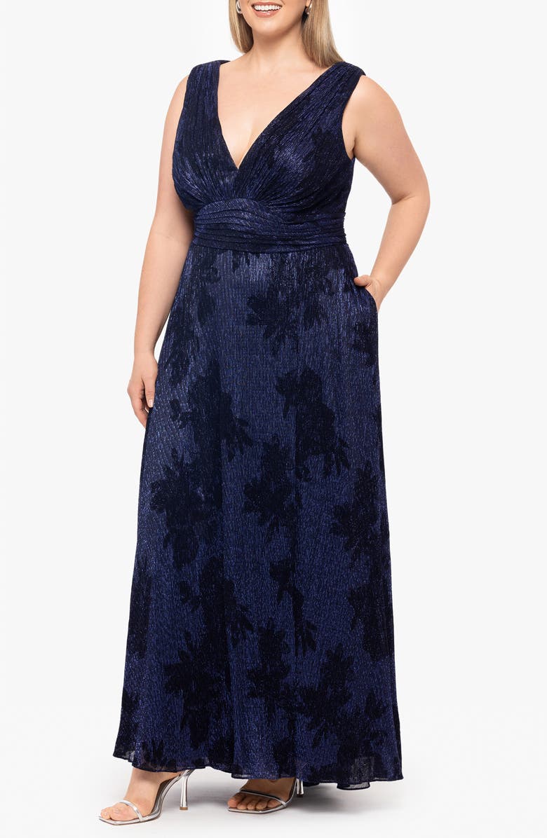 Betsy 
Adam Galaxy Floral Metallic Crinkle Gown, Alternate, color, 