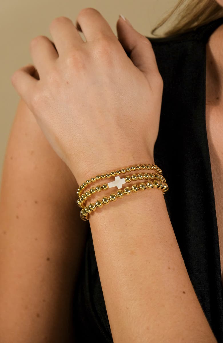 Sterling Forever Set of 3 Arden Mother-of-Pearl Cross Beaded Bracelets, Alternate, color, Gold