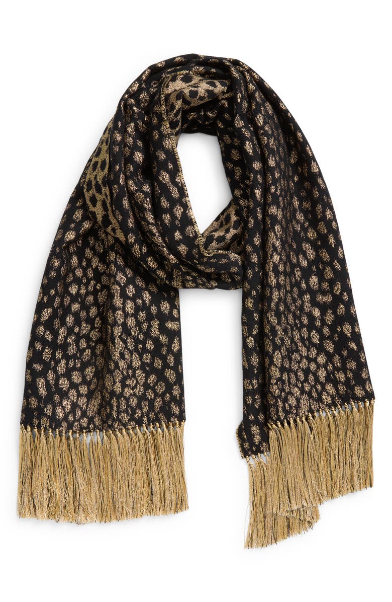 Valentino Garavani Metallic Leopard Virgin Wool & Cashmere Fringe Scarf, Alternate, color, Marrone/ Oro